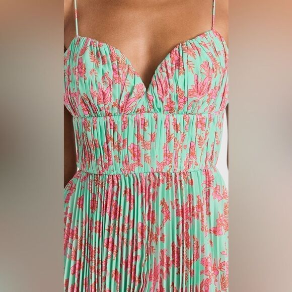 NWT AMUR Beckett Midi Pleated Dress in Miami Sky Botanical Rainforest size 0 - Picture 2 of 12